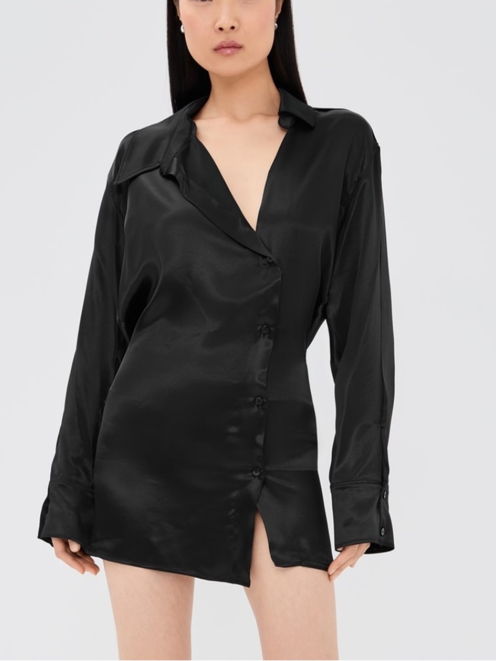 Attico Black Asymmetric Satin Mini Shirt Dress NWT